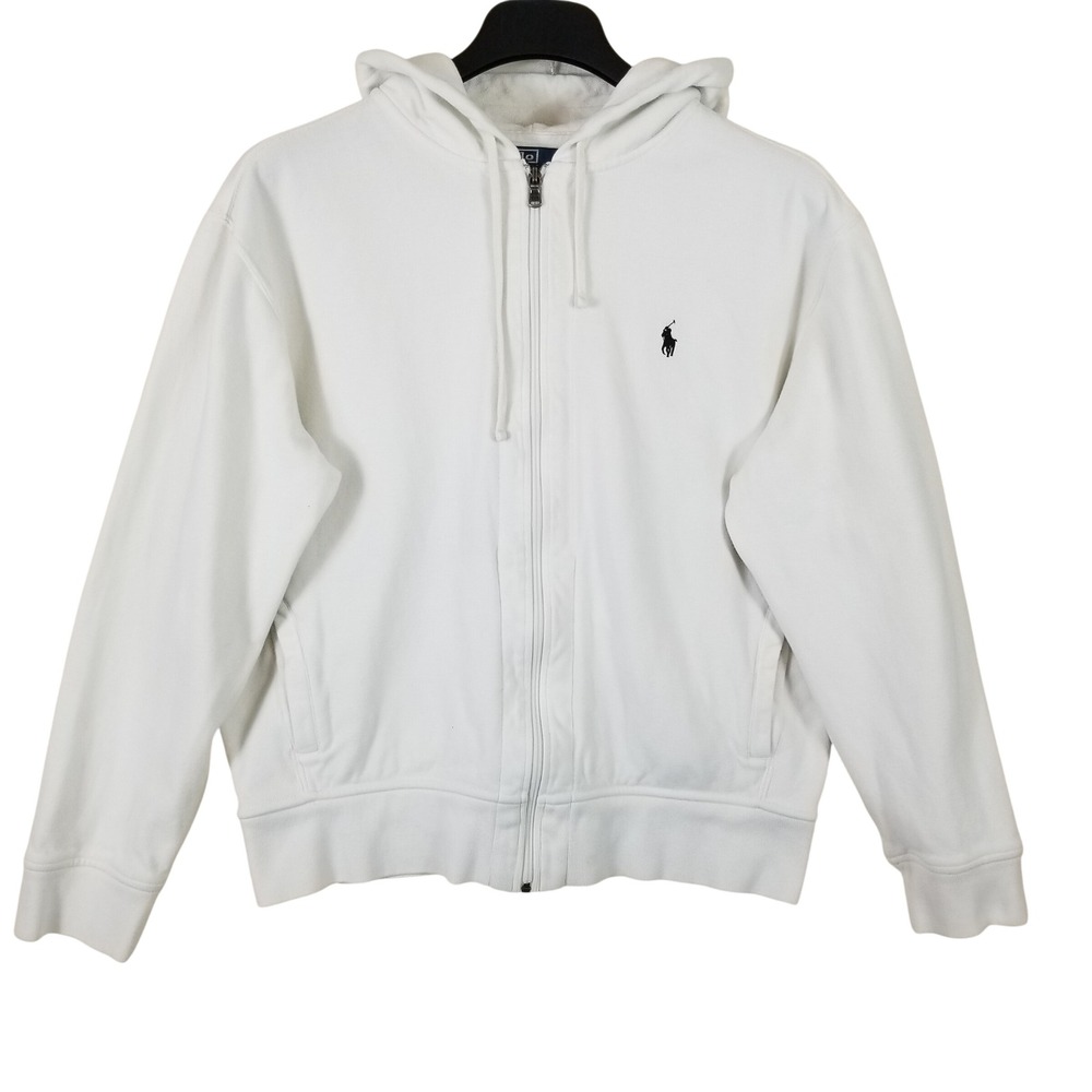 Polo Ralph Lauren Mens XL White Pique Full Zip Hoodie Black Pony Logo Sweatshirt